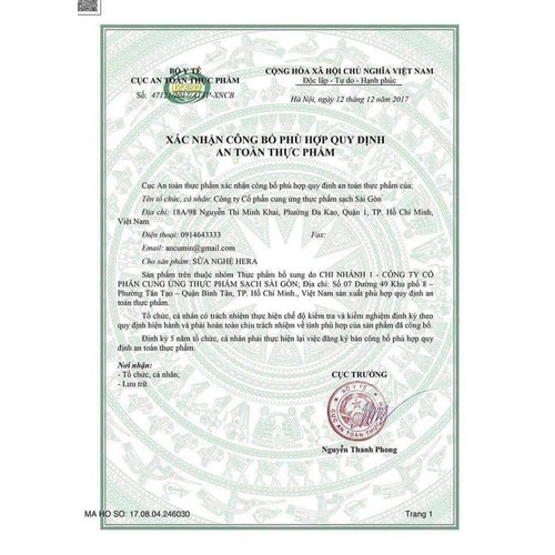 Bảng công bố chất lượng của Sữa nghệ Hera Bảng công bố chất lượng của Sữa nghệ Hera