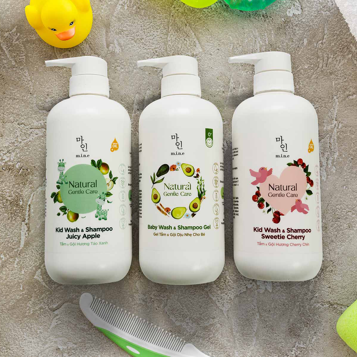 Gel tăm gội dịu nhẹ cho bé hương phấn, hương cherry, hương táo xanh Mine 500ml Gel tăm gội dịu nhẹ cho bé hương phấn, hương cherry, hương táo xanh Mine 500ml