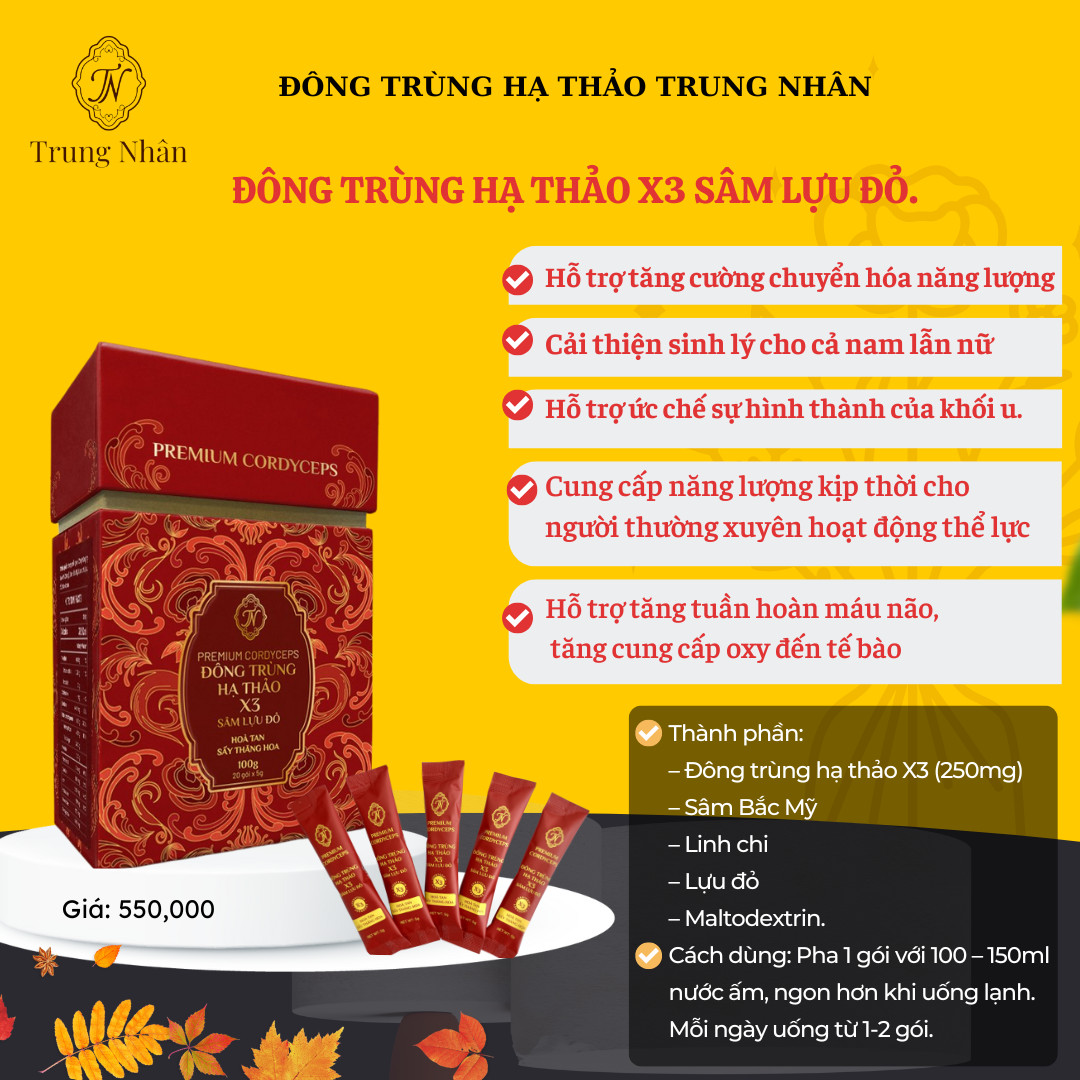Đông trùng hạ thảo X3 sâm lựu đỏ Việt Nam 20góix5g Đông trùng hạ thảo X3 sâm lựu đỏ Việt Nam 20góix5g