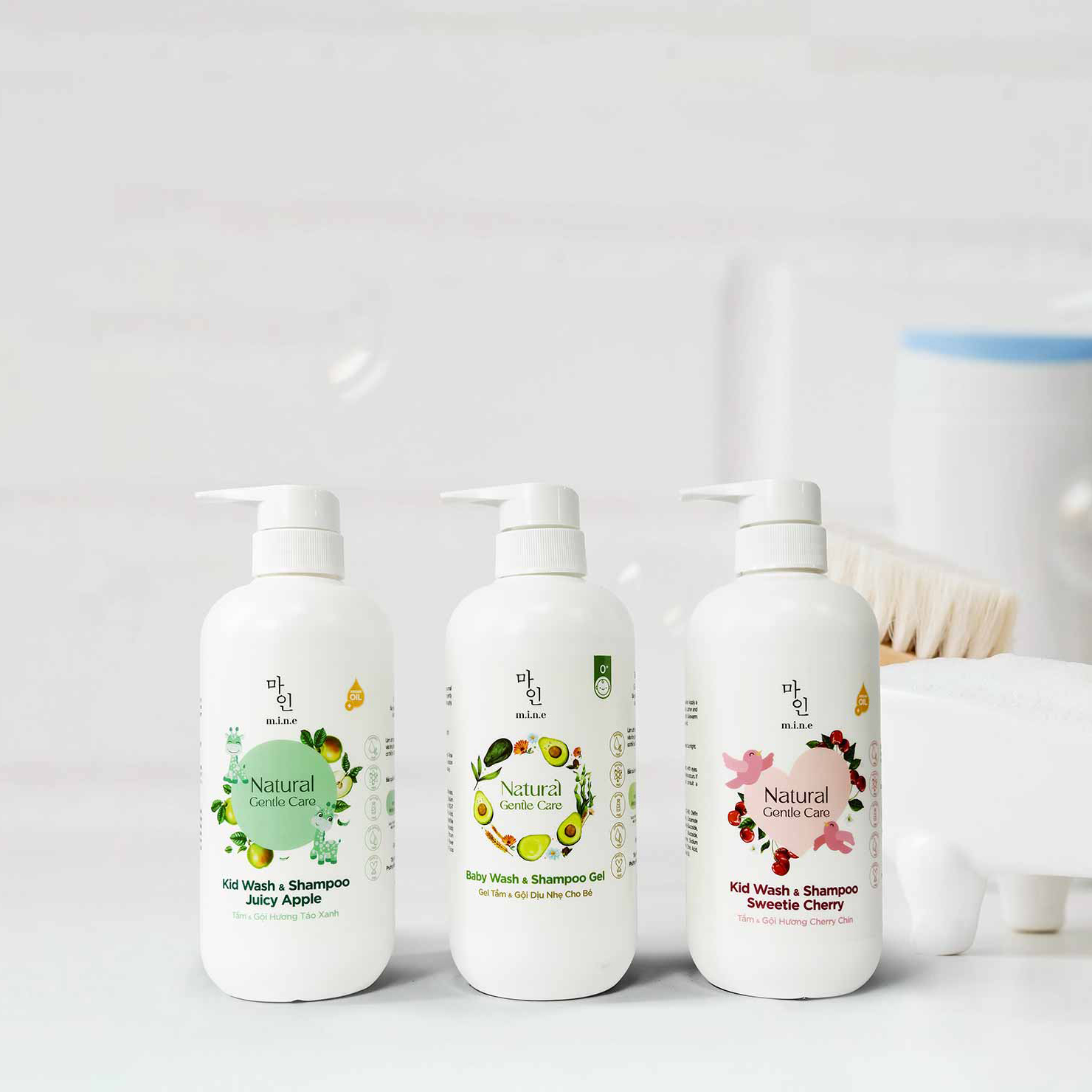 Gel tăm gội dịu nhẹ cho bé hương phấn, hương cherry, hương táo xanh Mine 500ml Gel tăm gội dịu nhẹ cho bé hương phấn, hương cherry, hương táo xanh Mine 500ml