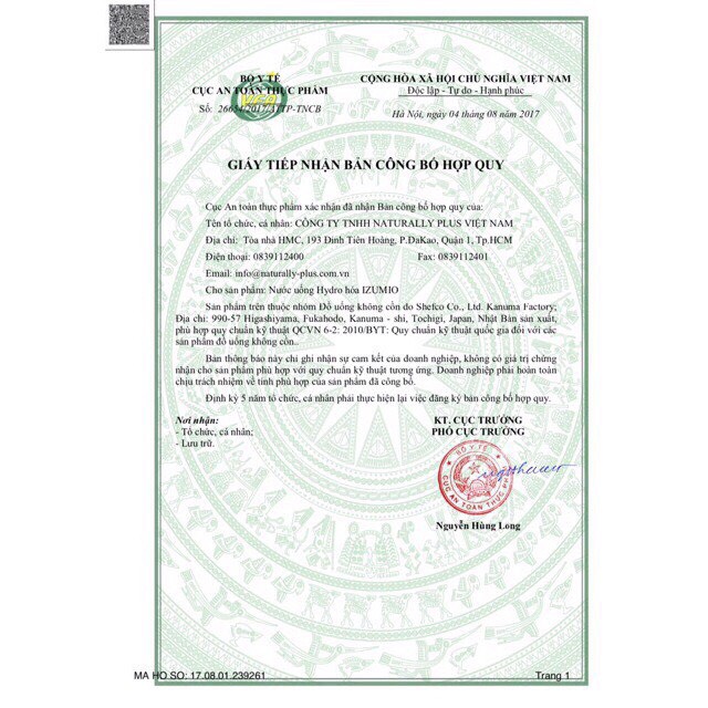 Phiếu công bố chất lượng sản phẩm của Izumio Phiếu công bố chất lượng sản phẩm của Izumio