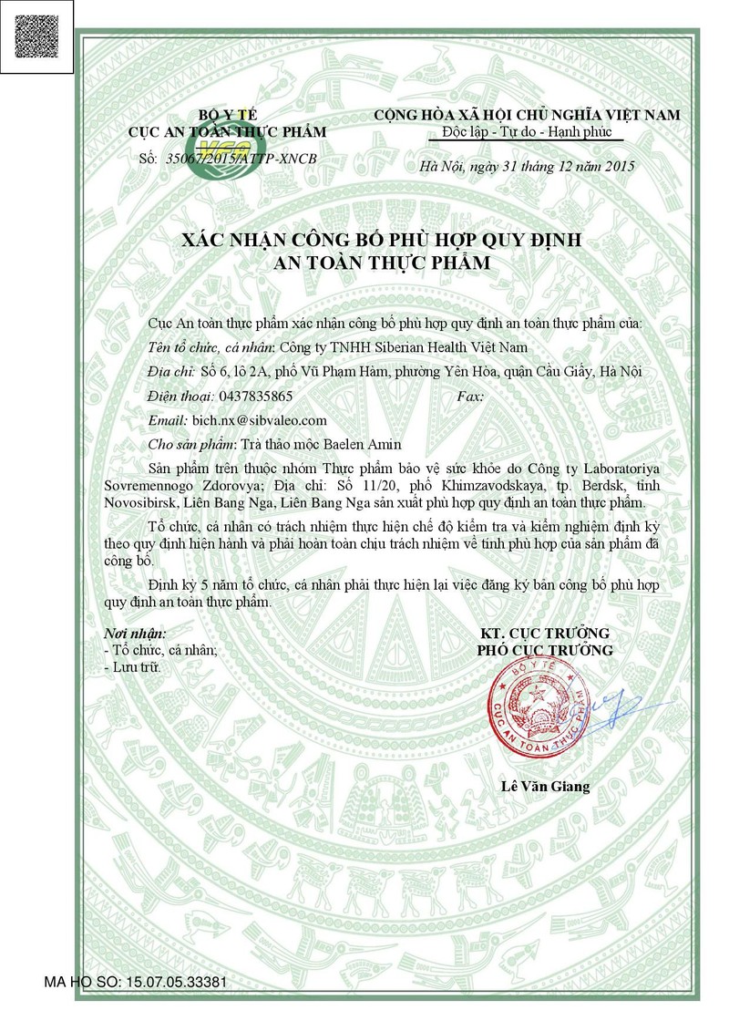 Giấy chứng nhận của trà thảo mộc Baelen Amin 500127 Giấy chứng nhận của trà thảo mộc Baelen Amin 500127