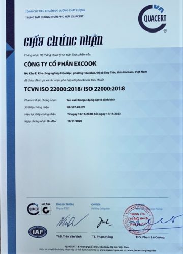 Chứng nhận ISO và HACCP của sản phẩm mì nưa Konjac Excook Chứng nhận ISO và HACCP của sản phẩm mì nưa Konjac Excook