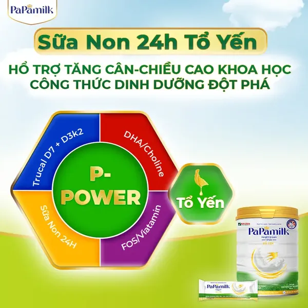 Sữa non tổ yến Papamilk Height & Gain tăng cân tăng chiều cao trẻ từ 1-19 tuổi lon 830g 