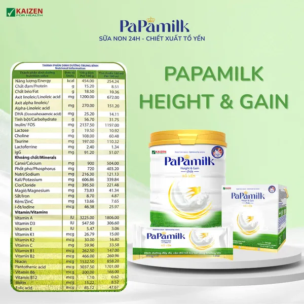 Sữa non tổ yến Papamilk Height & Gain tăng cân tăng chiều cao trẻ từ 1-19 tuổi lon 830g 