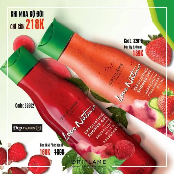 Bộ Gel tắm tẩy tế bào chết Oriflame 861767 dâu tây & phúc bồn tử