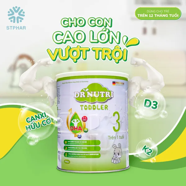 Sữa Bột Phát Triển Chiều Cao & Trí Não Dr Nutri Toddled 900g Trên 1 Tuổi