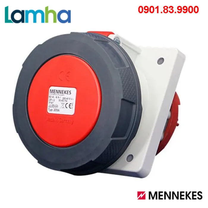 Ổ cắm gắn bảng (nghiêng 20°) Mennekes 205A (4P, 63A, IP67)