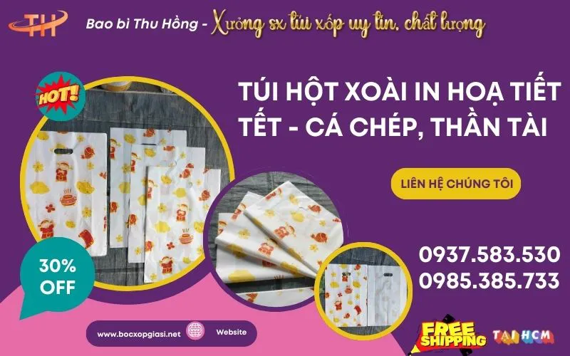 Túi xốp HD hột xoài in cá chép Thần Tài bán sỉ dịp Tết