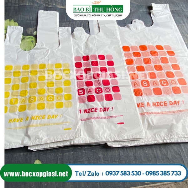 Túi xốp siêu thị 2 quai trắng sữa in đa dạng Túi xốp siêu thị 2 quai trắng sữa in đa dạng
