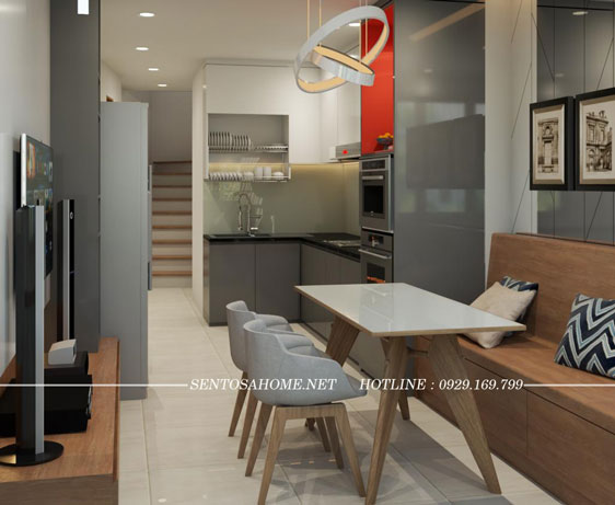 Phòng Khách  kết hợp với Bếp - Thiết kế thi công nội thất cải tạo nhà phố quận Tân Bình