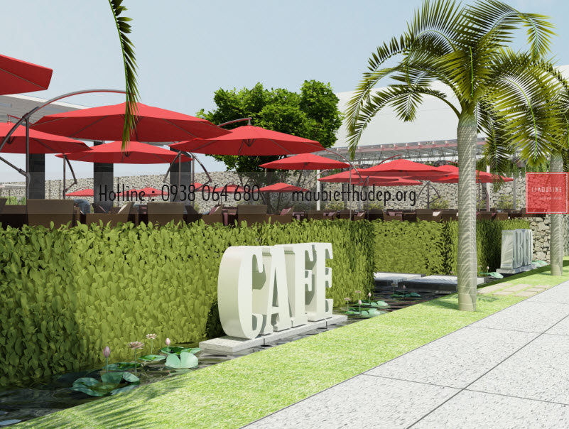 Các hàng dây thằng lằng leo hai bên mặt tiền. Logo của quán được đặt nổi bên trên hồ nước. Quán cafe thấp thoáng với hàng dù màu đỏ đỏ. Các hàng dây thằng lằng leo hai bên mặt tiền. Logo của quán được đặt nổi bên trên hồ nước. Quán cafe thấp thoáng với hàng dù màu đỏ đỏ.