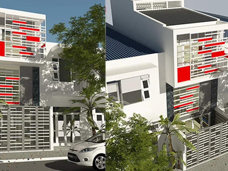 Thiết kế kiến trúc nhà phố 1 trệt 1 tầng lửng 1 lầu có chiều ngang 4 m - lệch tầng- 2 - 3 phòng ngủ - có gác lửng - có sân trước đẹp tại Campuchia.