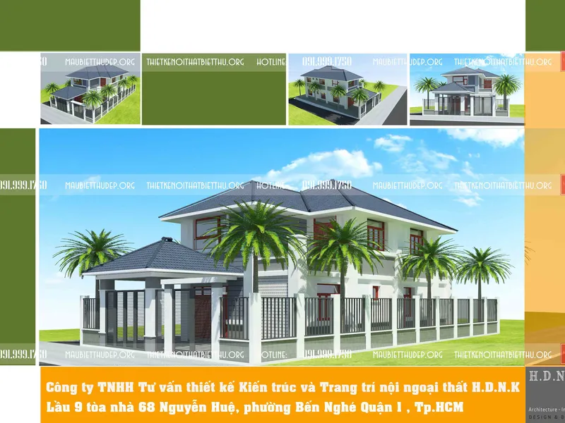 Thiết kế nhà biệt thự đẹp  1 trệt 1 lầu ở nông thôn có sân vườn gara riêng mái thái ở Bà Rịa Vũng Tàu.