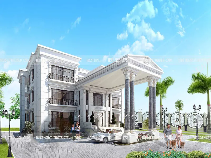 Thiết kế thi công biệt thự đẹp 3 tầng 2 mặt tiền  có sân vườn kiểu kiến trúc cổ điển Pháp mái dốc tại Đà Nẵng
