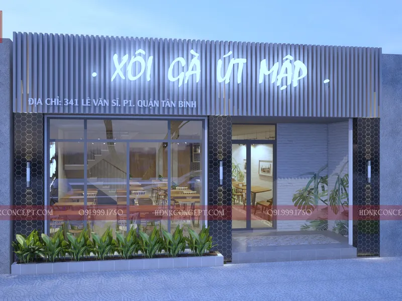 Thiết kế thi công nội thất quán xôi gà Út Mập theo phong cách thô mộc