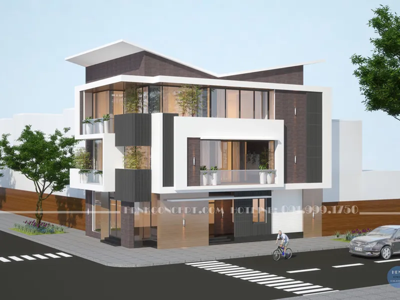 Tư vấn thiết kế thi công biệt thự Tiền Giang theo phong cách hiện đại 1 trệt 2 lầu có mái xéo 2 mặt tiền