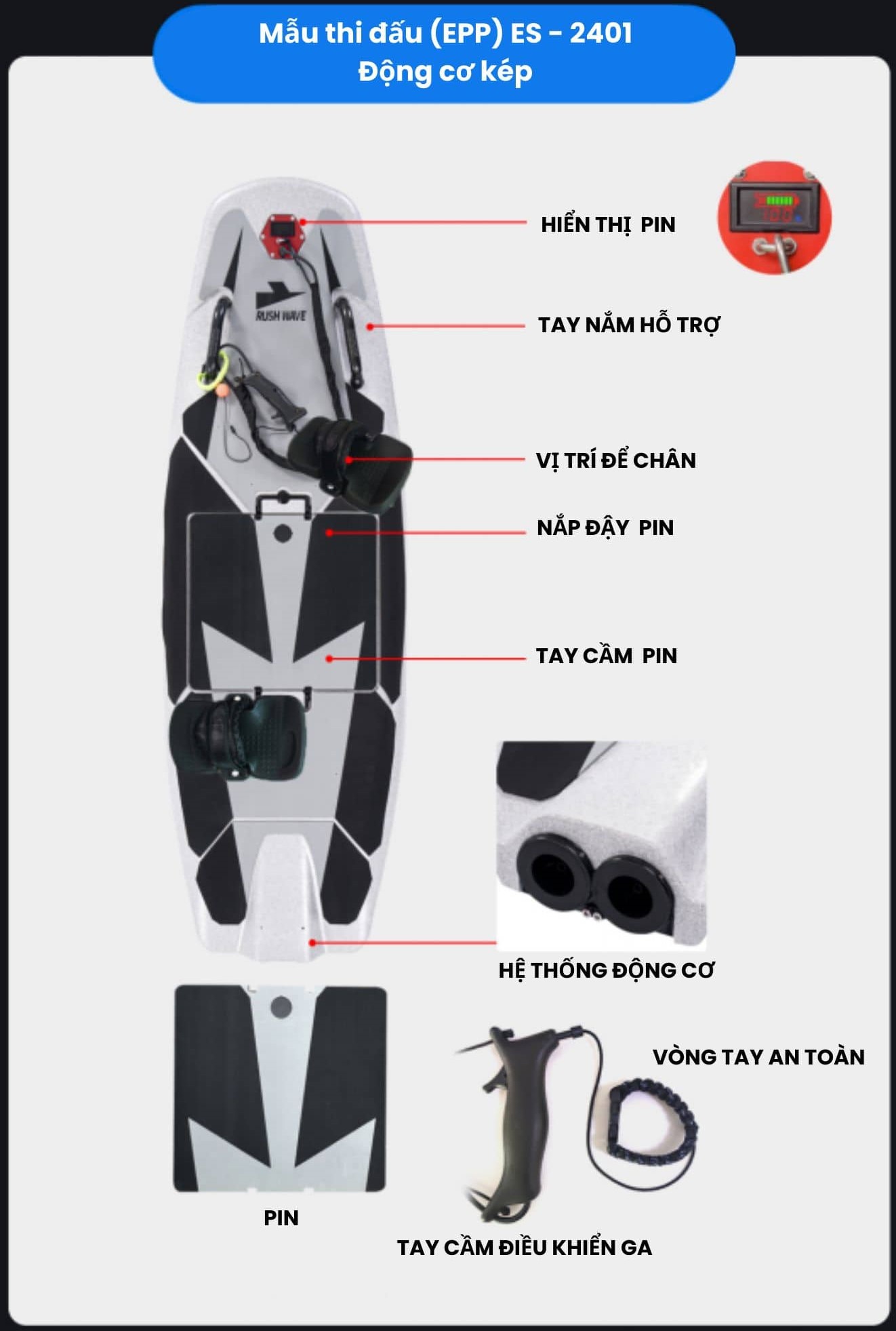 Thông tin chi tiết sản phẩm ván lướt sóng điện Rush Wave ES-2401 Thông tin chi tiết sản phẩm ván lướt sóng điện Rush Wave ES-2401