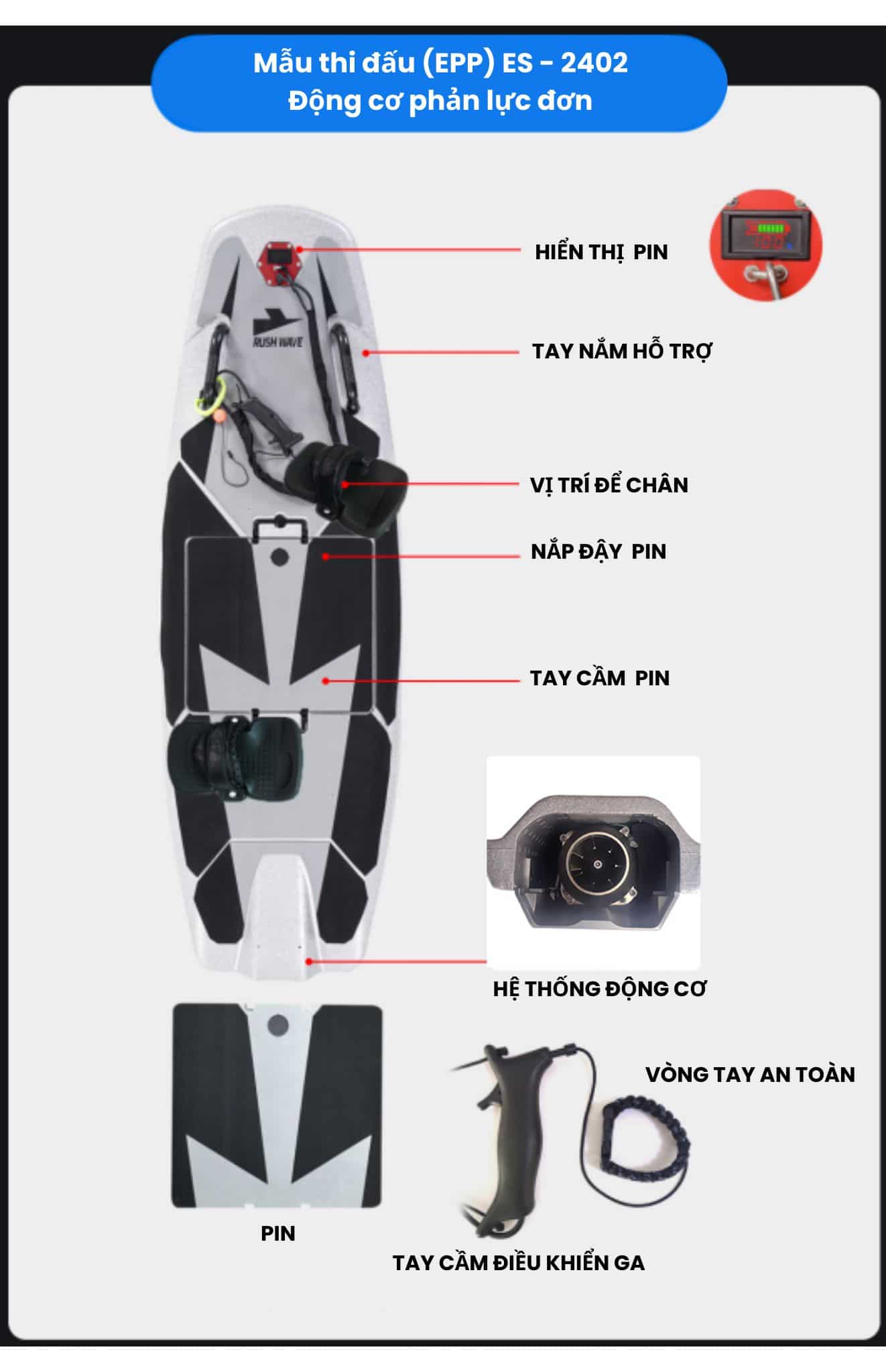 Thông tin chi tiết sản phẩm ván lướt sóng điện Rush Wave ES-2402 Thông tin chi tiết sản phẩm ván lướt sóng điện Rush Wave ES-2402