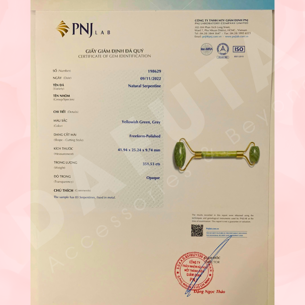Giấy kiểm định PNJ sản phẩm thanh lăn massage Serpentine Dafuta Accessories