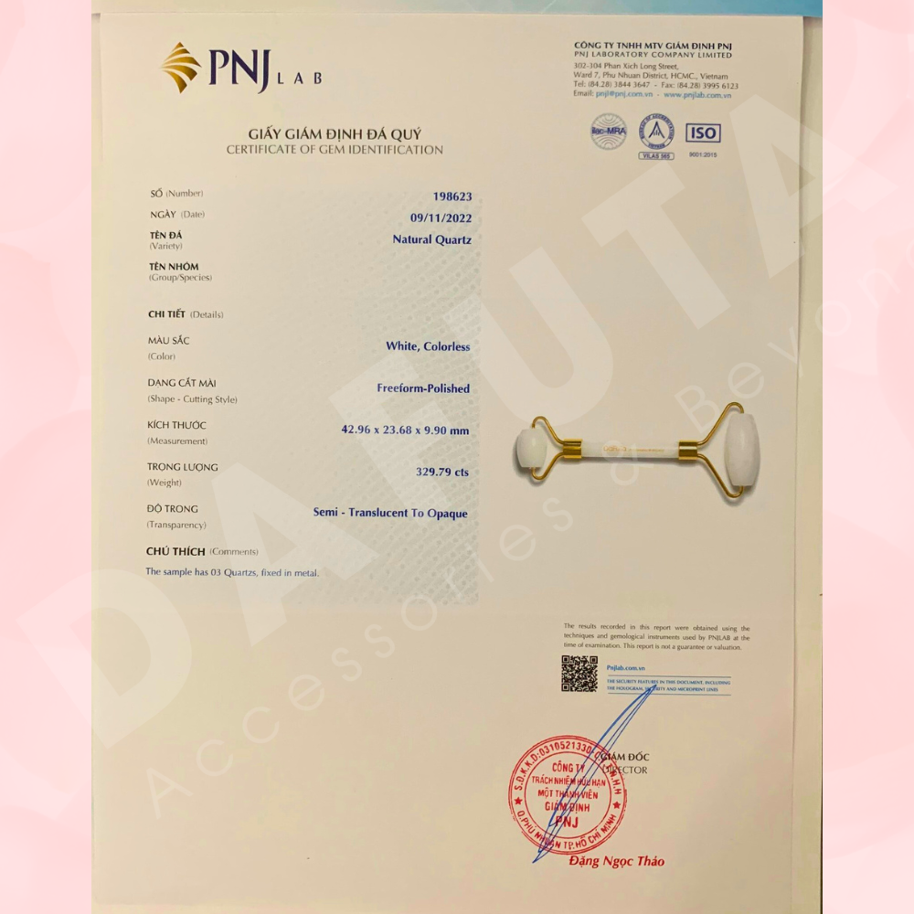 Giấy kiểm định PNJ sản phẩm thanh lăn massage thạch anh trắng Dafuta Accessories