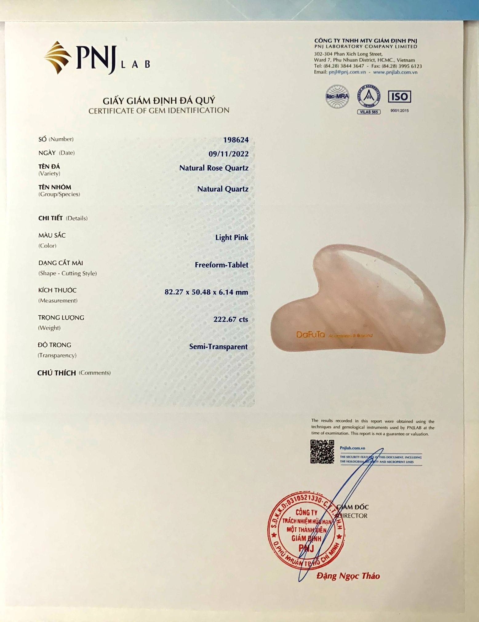 Chứng nhận kiểm định PNJ Lab guasha massage thạch anh hồng Dafuta