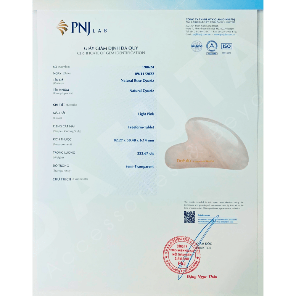 Giấy kiểm định PNJ Lab Guasha massage thạch anh hồng tự nhiên Dafuta