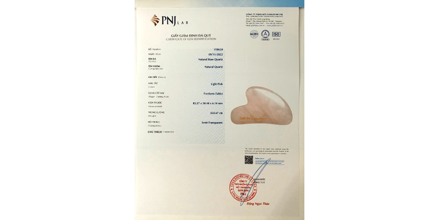 Giấy kiểm định PNJ Guasha massage chính hãng thạch anh hồng Dafuta
