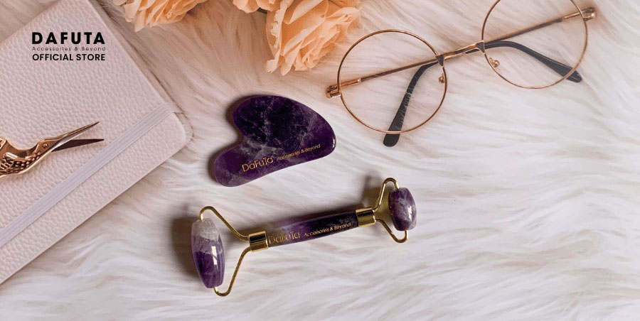 Gua sha massage chính hãng và thanh lăn chính hãng thạch anh tím tự nhiên dafuta