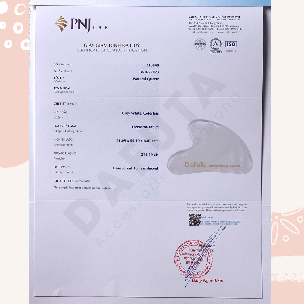 Giấy kiểm định PNJ Guasha Massage thạch anh tím tự nhiên Dafuta