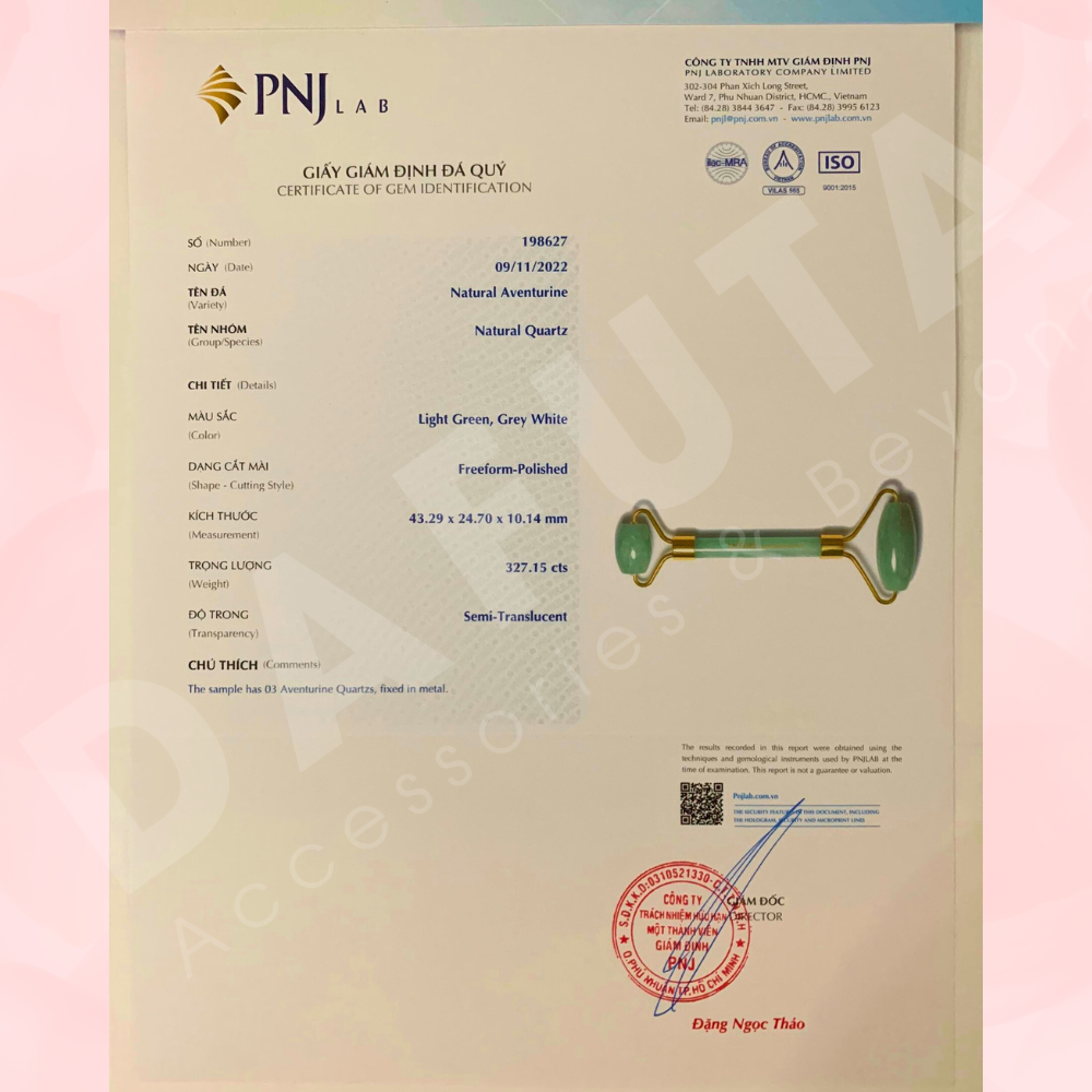 Giấy kiểm định PNJ sản phẩm thanh lăn massage Aventurine Dafuta Accessories
