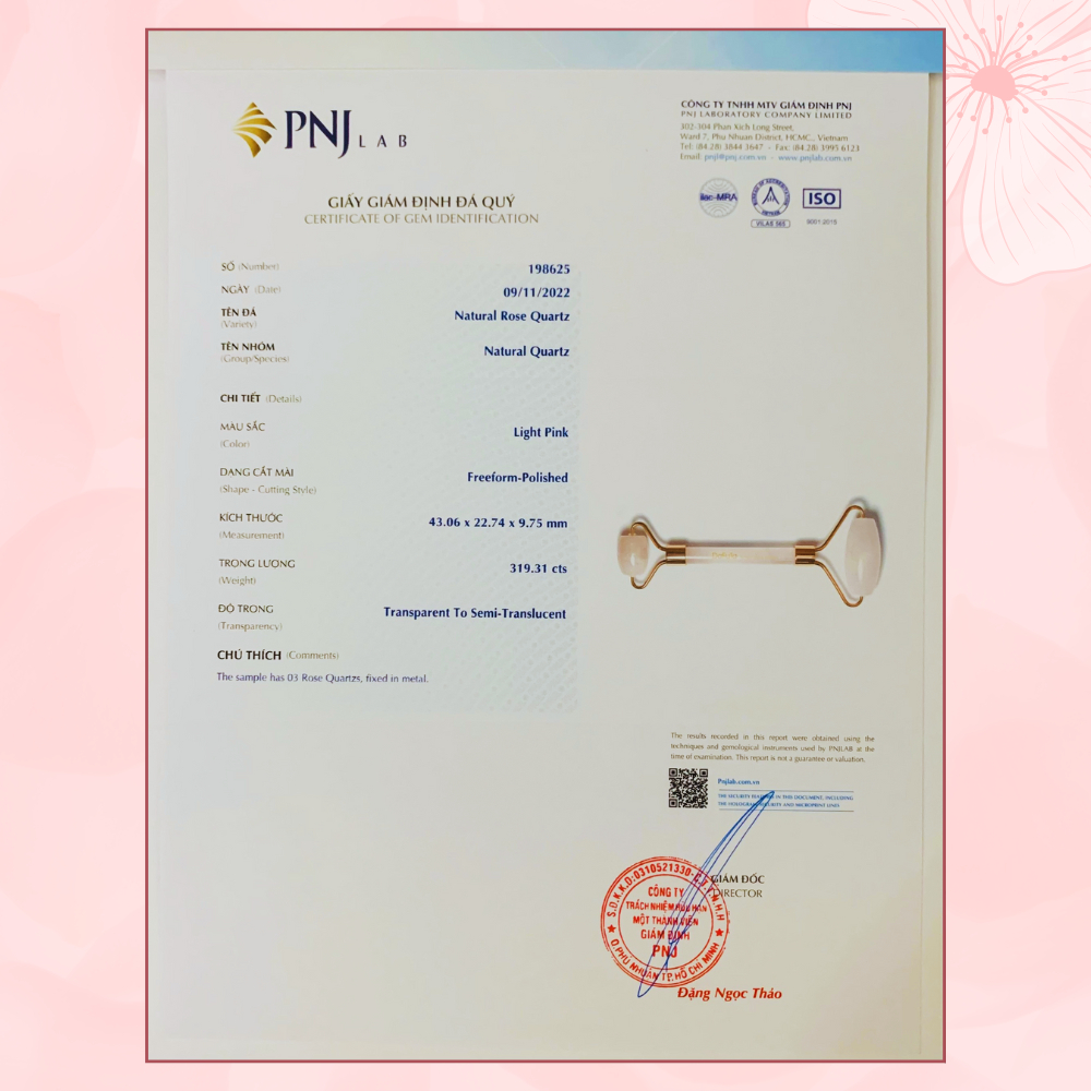 Giấy kiểm định PNJ sản phẩm thanh lăn massage thạch anh hồng Dafuta Accessories