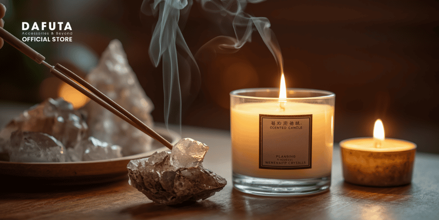 Thanh tẩy trang sức đá năng lượng bằng trầm, nến và chuông