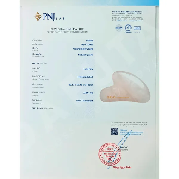 Đá Guasha Massage Thạch Anh Hồng Tự Nhiên Đạt Chuẩn PNJ Lab
