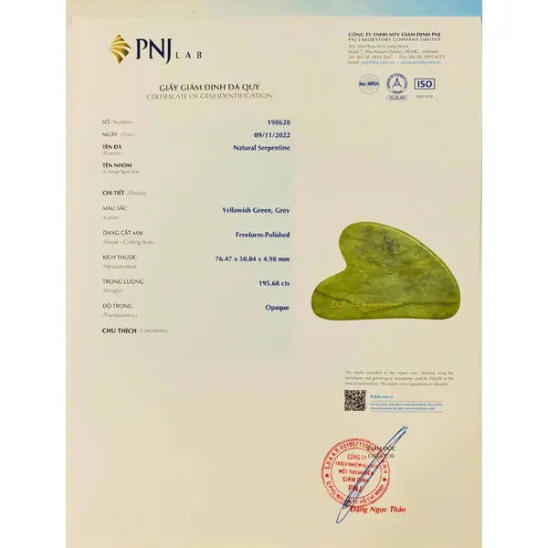 [Không Hộp] Đá Guasha Massage chính hãng Dafuta chất liệu đá Serpentine Tự Nhiên Đạt PNJ Lab