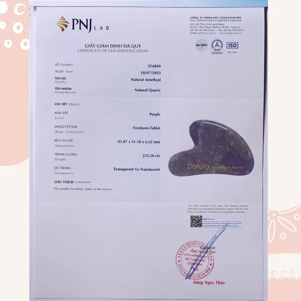 Đá Guasha Massage Thạch Anh Tím Tự Nhiên Dafuta Đạt Chuẩn PNJ Lab