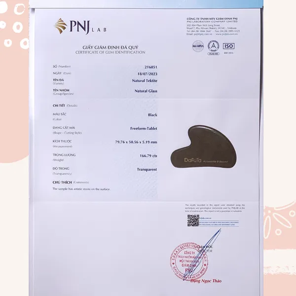 Đá Guasha Massage Tektite Tự Nhiên Dafuta đạt chuẩn PNJ Lab