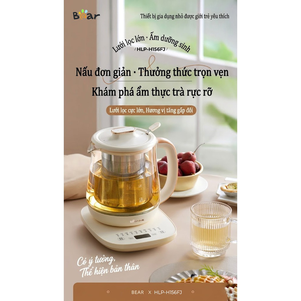 Ấm đun pha trà 1.5L siêu tốc Bear HLP-H156FJ - Công suất 800W, Giữ nhiệt, Kèm Lõi Lọc,Bảo Hành 18 Tháng
