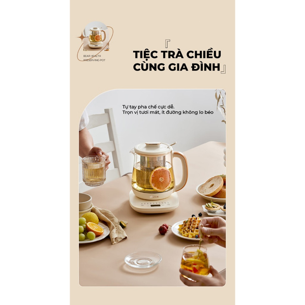 Ấm đun pha trà 1.5L siêu tốc Bear HLP-H156FJ - Công suất 800W, Giữ nhiệt, Kèm Lõi Lọc,Bảo Hành 18 Tháng