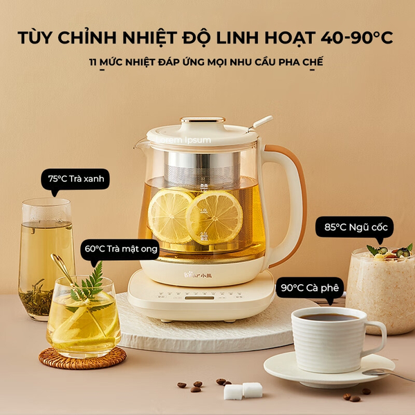 Ấm đun pha trà 1.5L siêu tốc Bear HLP-H156FJ - Công suất 800W, Giữ nhiệt, Kèm Lõi Lọc,Bảo Hành 18 Tháng