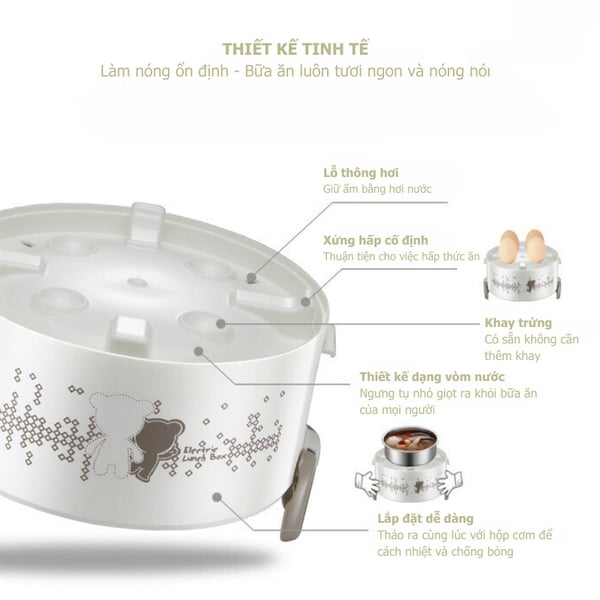 Hộp Đựng Cơm Văn Phòng 2L BEAR RSB-H206AD, Cắm Điện Nấu/Hấp/Hâm Nóng Thức Ăn, Bảo Hành 18 tháng