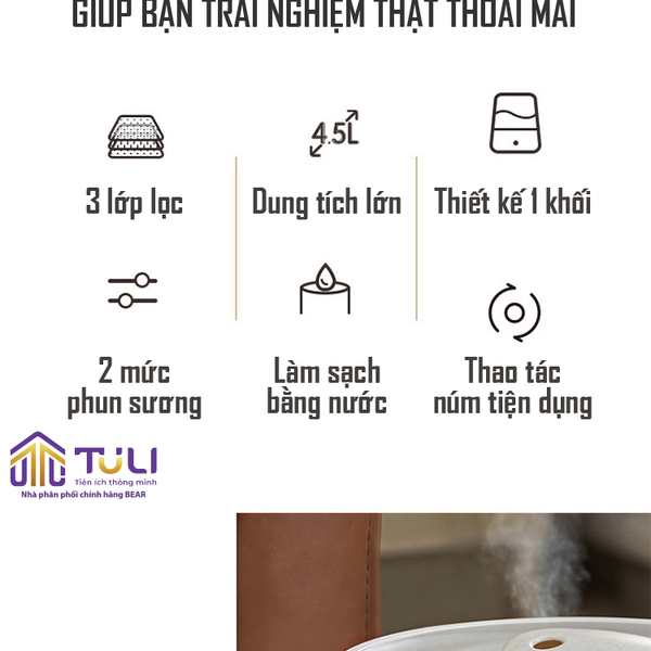 Máy phun sương tạo ẩm không khí Bear JSQ-C45U1, dung tích 4.5L, công suất lớn, không ồn, bảo hành 18 tháng