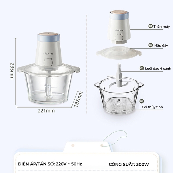 Máy Xay Thịt Đa Năng 1.8L Bear FCH-H026LQ, 300W, Cối Thủy Tinh Xay Rau Củ Sinh Tố Nhuyễn,BH 18 Tháng