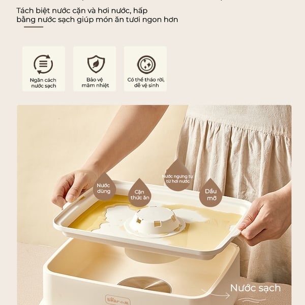 Nồi hấp điện 3 tầng 12L mini Bear EFS-4H27E, Công suất 800W, Xửng hấp Inox-Có hẹn giờ, BH 18 Tháng