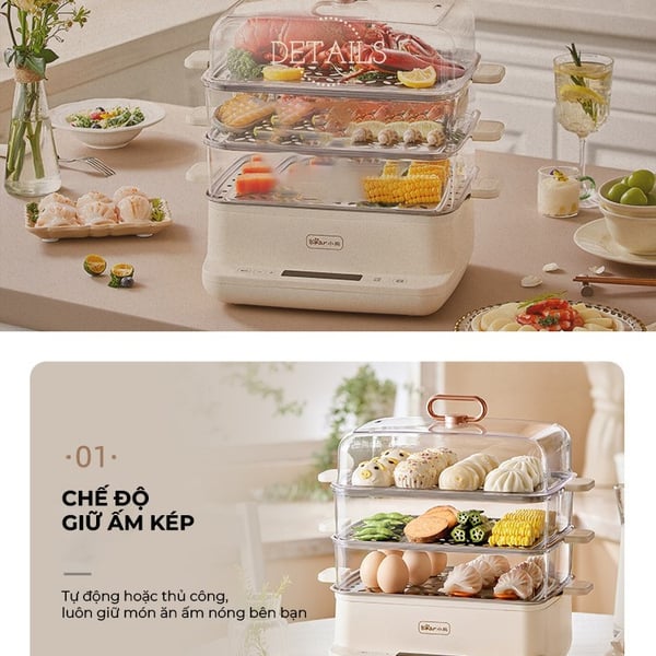 Nồi hấp điện 3 tầng 12L mini Bear EFS-4H27E, Công suất 800W, Xửng hấp Inox-Có hẹn giờ, BH 18 Tháng