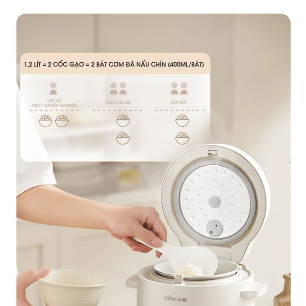 Nồi cơm điện 1.2L Bear RC-5H12F, Công suất 300W, 4 Chế độ nấu- Chống dính- Cho 1 người, BH 18 Tháng