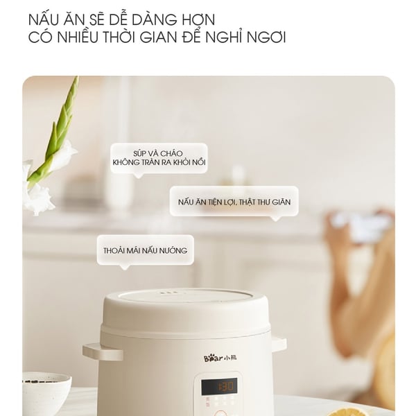 Nồi cơm điện 1.2L Bear RC-5H12F, Công suất 300W, 4 Chế độ nấu- Chống dính- Cho 1 người, BH 18 Tháng
