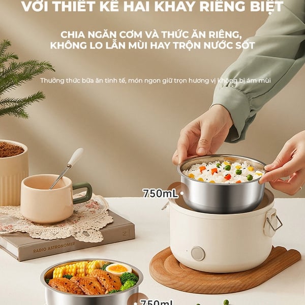 Hộp đựng cơm văn phòng inox BEAR LB-4H15W, cắm điện nấu/hấp/hâm nóng thức ăn,BH 18 tháng