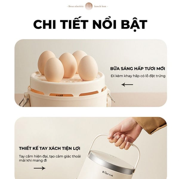 Hộp đựng cơm văn phòng inox BEAR LB-4H15W, cắm điện nấu/hấp/hâm nóng thức ăn,BH 18 tháng