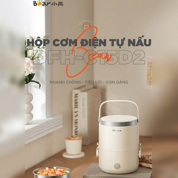 Hộp đựng cơm văn phòng inox BEAR LB-4H15W, cắm điện nấu/hấp/hâm nóng thức ăn,BH 18 tháng